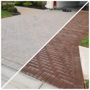 before and after images of deco products on brick driveway
