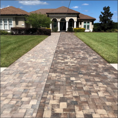 before and after images of deco products on brick walkway