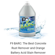 flyer promoting F9 BARC, a concrete rust remover