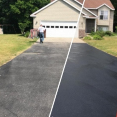 before and after image of deco products on asphalt driveway