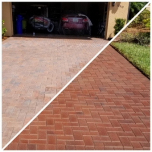 before and after image of deco products on brick driveway