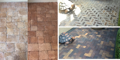 a collage of image of before and after images of brick overlay