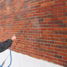 a man spraying solution on a brick wall