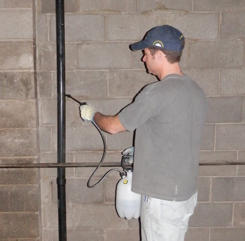 A man spraying solution on pipes
