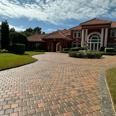 a low angle shot of a brick walkway