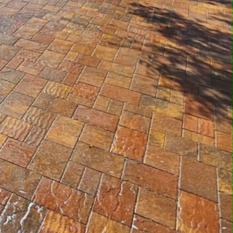 Glossy red and tan paver driveway sealed with Ure-a-Cast 1K, with palm shadows across the surface.