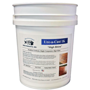 White bucket of Deco Products Ure-a-Cast 1K high-shine, water-based urethane sealer.
